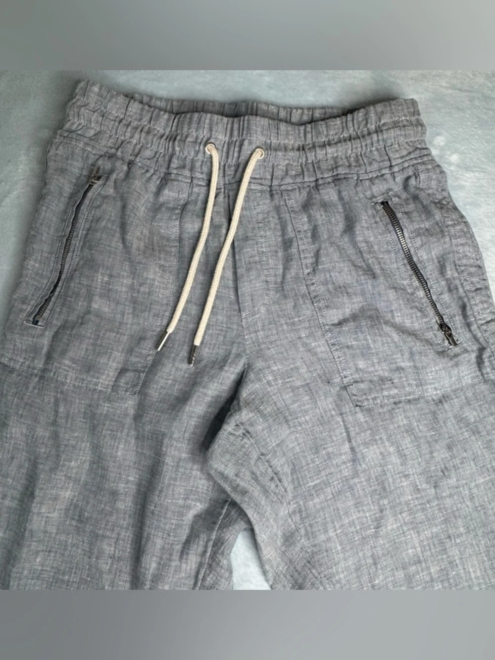 Athleta Cabo Linen Blue Textured Linen Jogger Pants Striped Drawstring Size 4